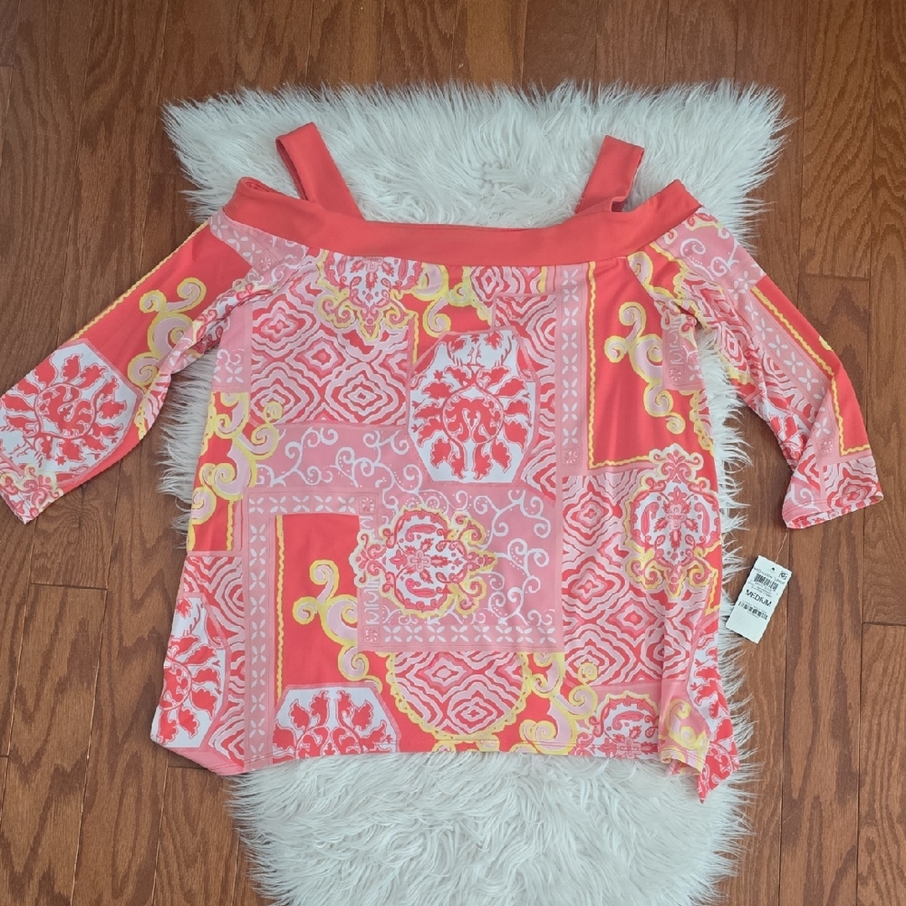JM Collection Off-Shoulder Blouse - Pink and Yellow - Picture 2 of 3
